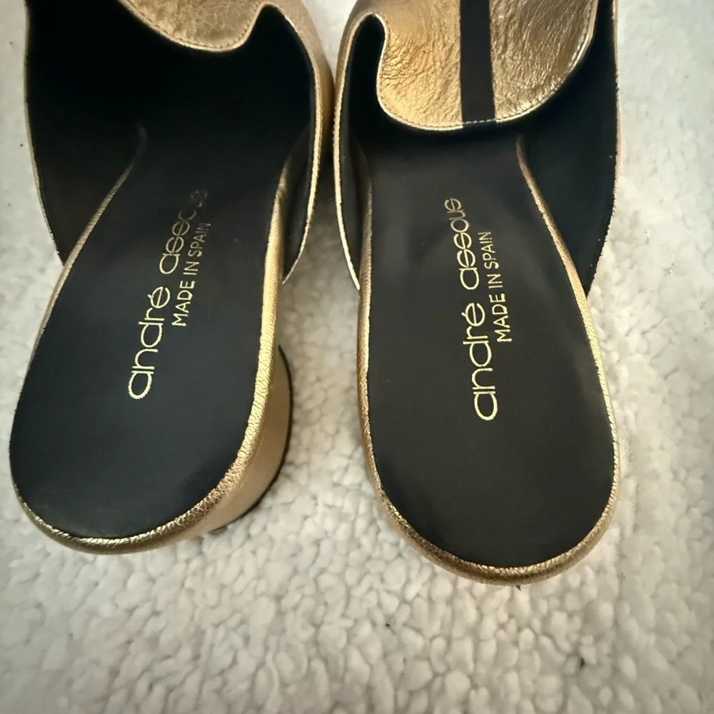 Andre Assoues gold and black slip on pointy style